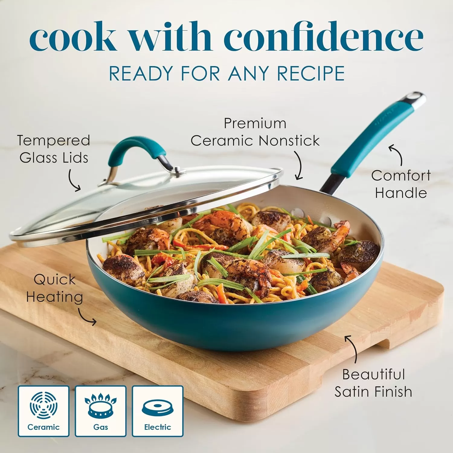 imageRachael Ray Cucina Ceramic Nonstick Saute Pan with Lid 3 Quart Non Stick Sauteuse Pan Dishwasher Safe  AlmondMarine Blue