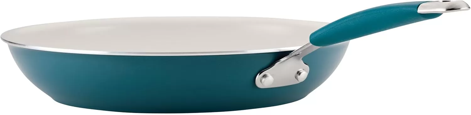 imageRachael Ray Cucina Ceramic Nonstick Saute Pan with Lid 3 Quart Non Stick Sauteuse Pan Dishwasher Safe  AlmondMarine Blue