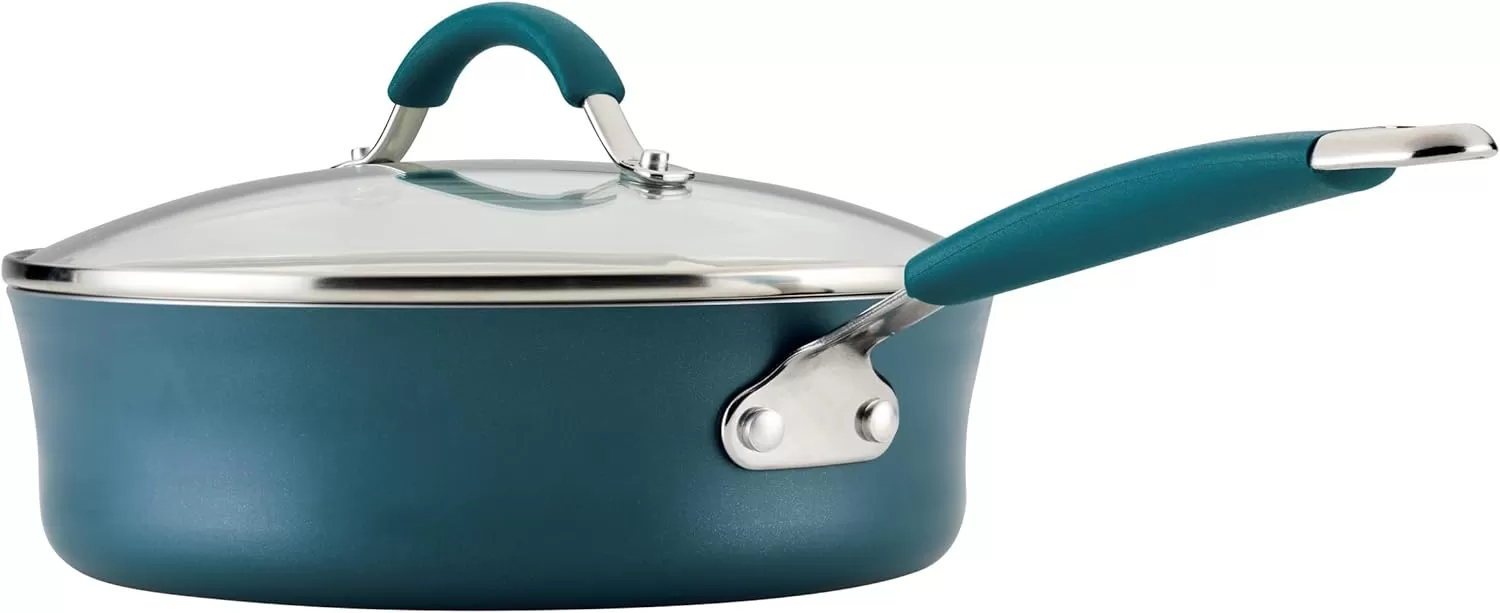 imageRachael Ray Cucina Ceramic Nonstick Saute Pan with Lid 3 Quart Non Stick Sauteuse Pan Dishwasher Safe  AlmondMarine Blue
