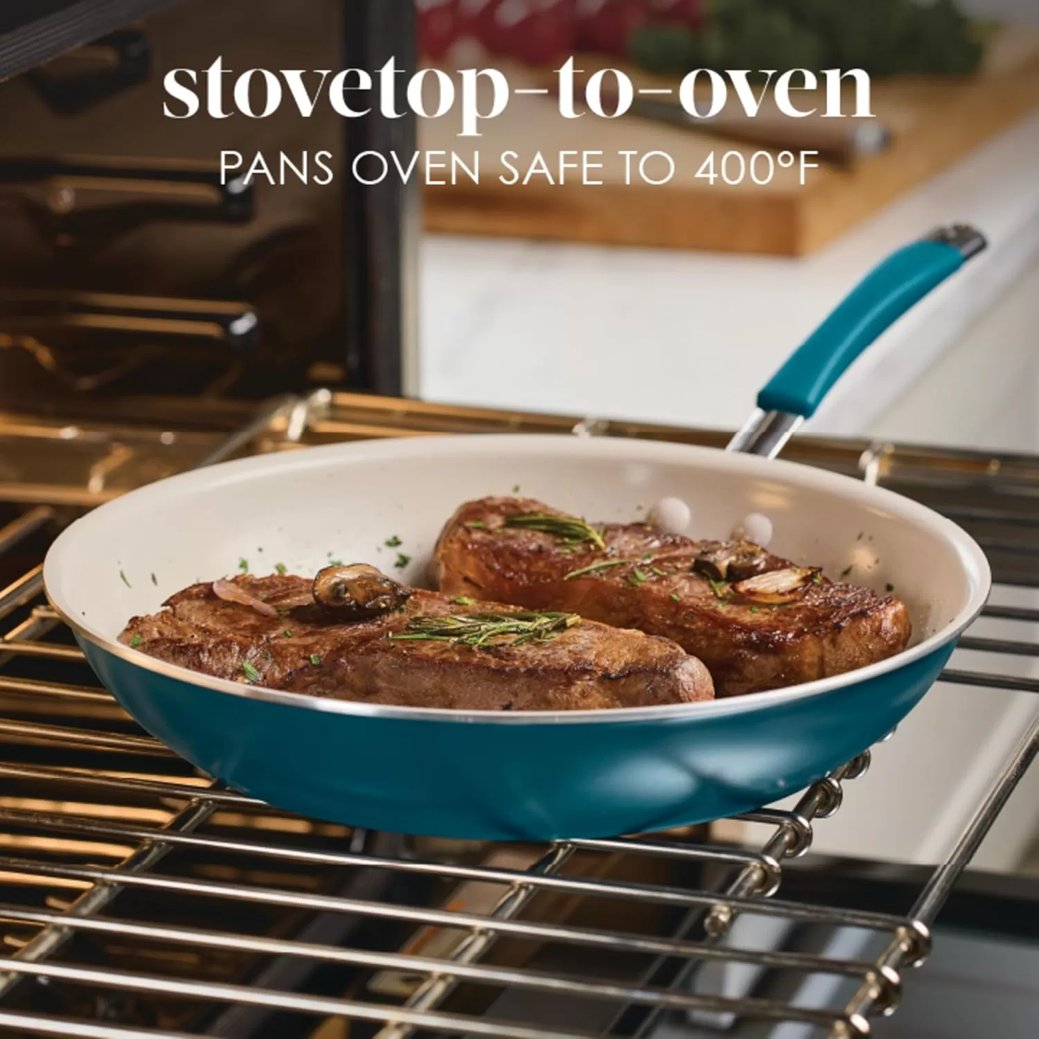 imageRachael Ray Cucina Ceramic Nonstick Saute Pan with Lid 3 Quart Non Stick Sauteuse Pan Dishwasher Safe  AlmondMarine Blue