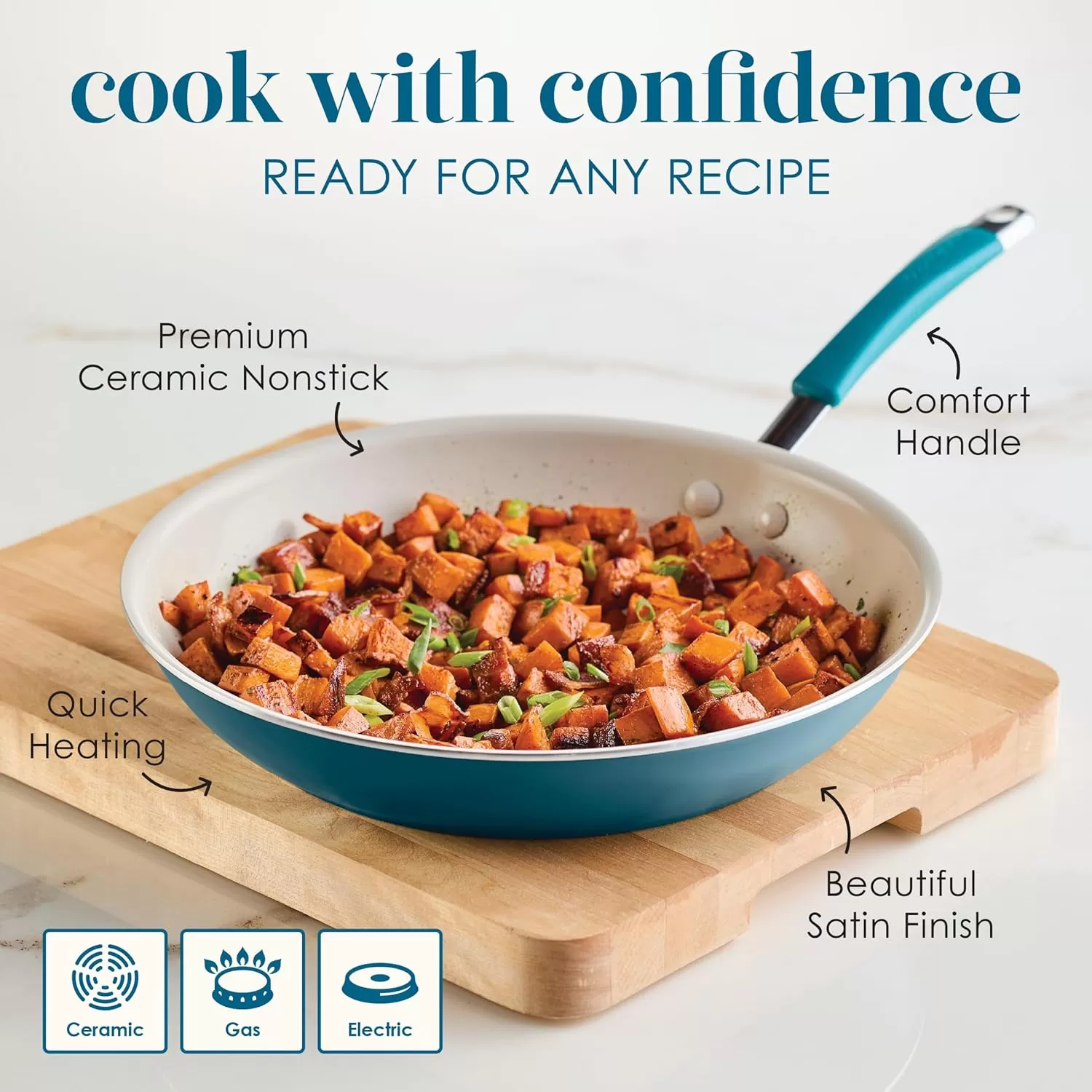 imageRachael Ray Cucina Ceramic Nonstick Saute Pan with Lid 3 Quart Non Stick Sauteuse Pan Dishwasher Safe  AlmondMarine Blue