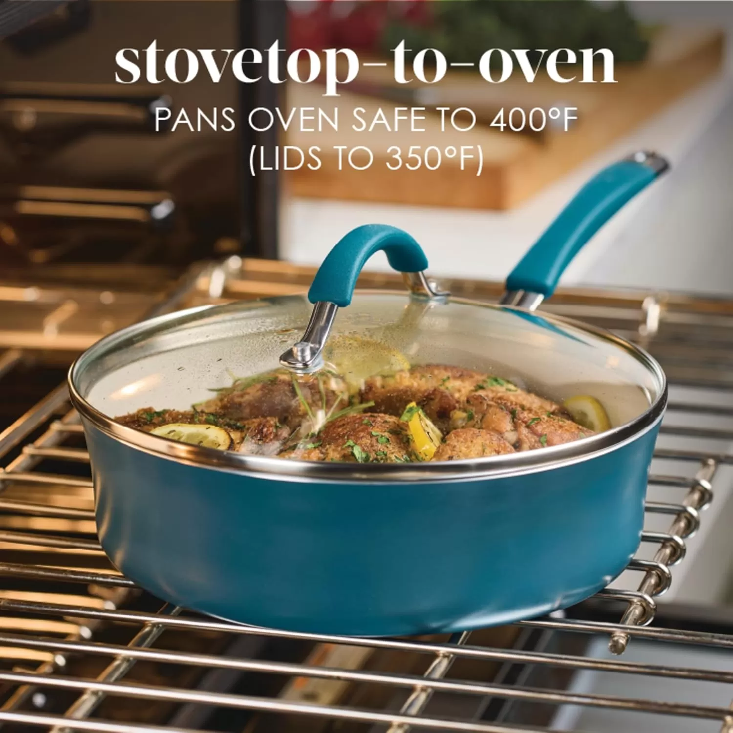 imageRachael Ray Cucina Ceramic Nonstick Saute Pan with Lid 3 Quart Non Stick Sauteuse Pan Dishwasher Safe  AlmondMarine Blue