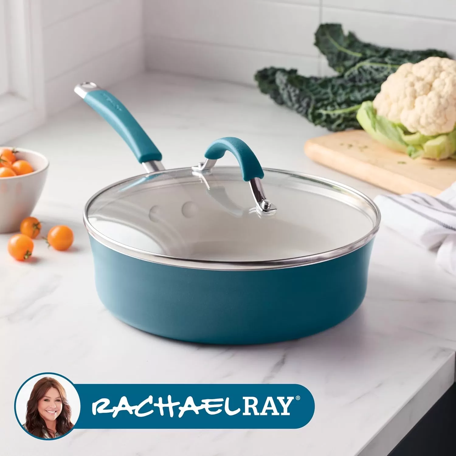 imageRachael Ray Cucina Ceramic Nonstick Saute Pan with Lid 3 Quart Non Stick Sauteuse Pan Dishwasher Safe  AlmondMarine Blue