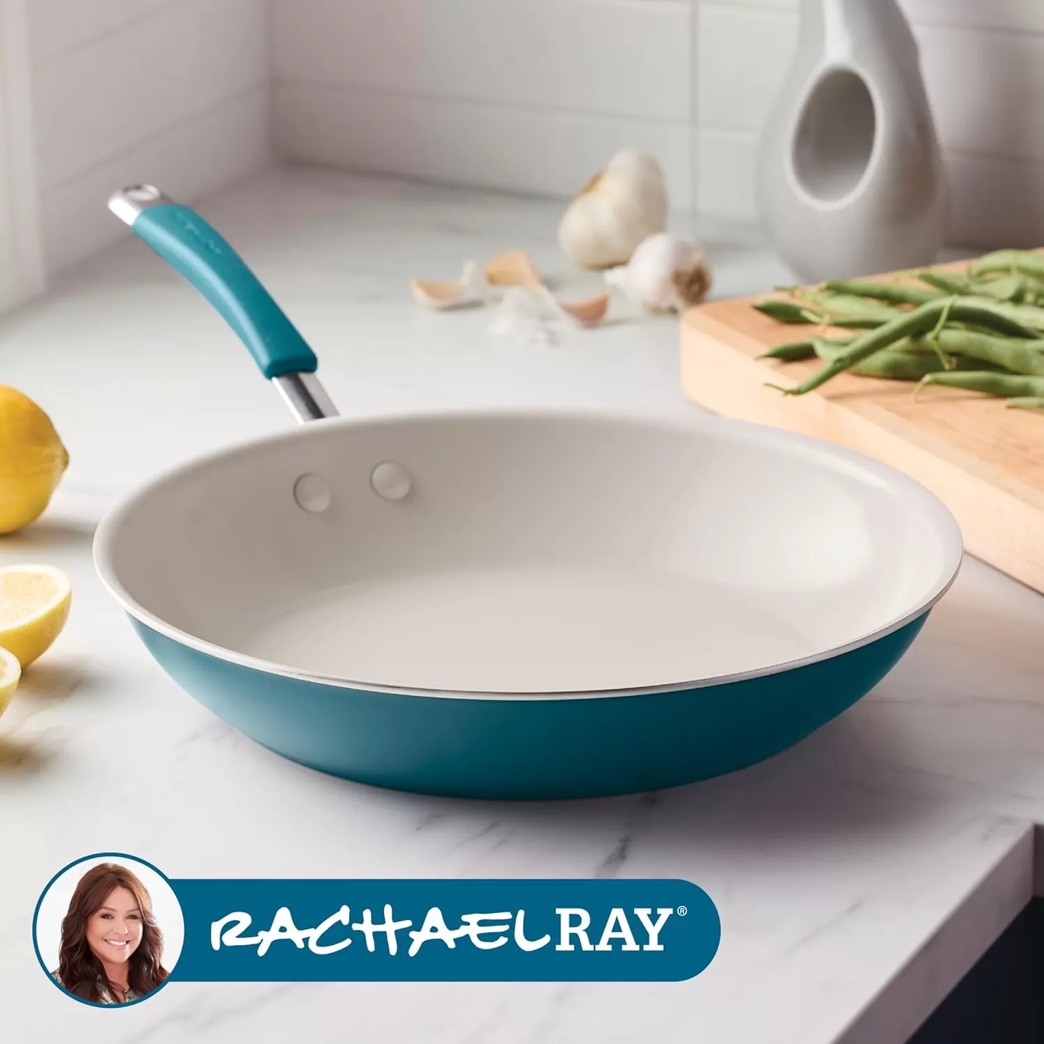 imageRachael Ray Cucina Ceramic Nonstick Saute Pan with Lid 3 Quart Non Stick Sauteuse Pan Dishwasher Safe  AlmondMarine Blue