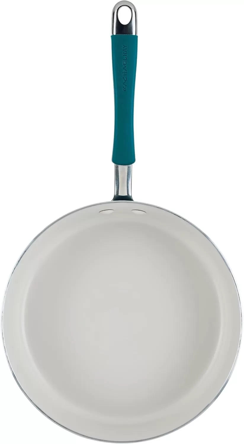 imageRachael Ray Cucina Ceramic Nonstick Saute Pan with Lid 3 Quart Non Stick Sauteuse Pan Dishwasher Safe  AlmondMarine Blue