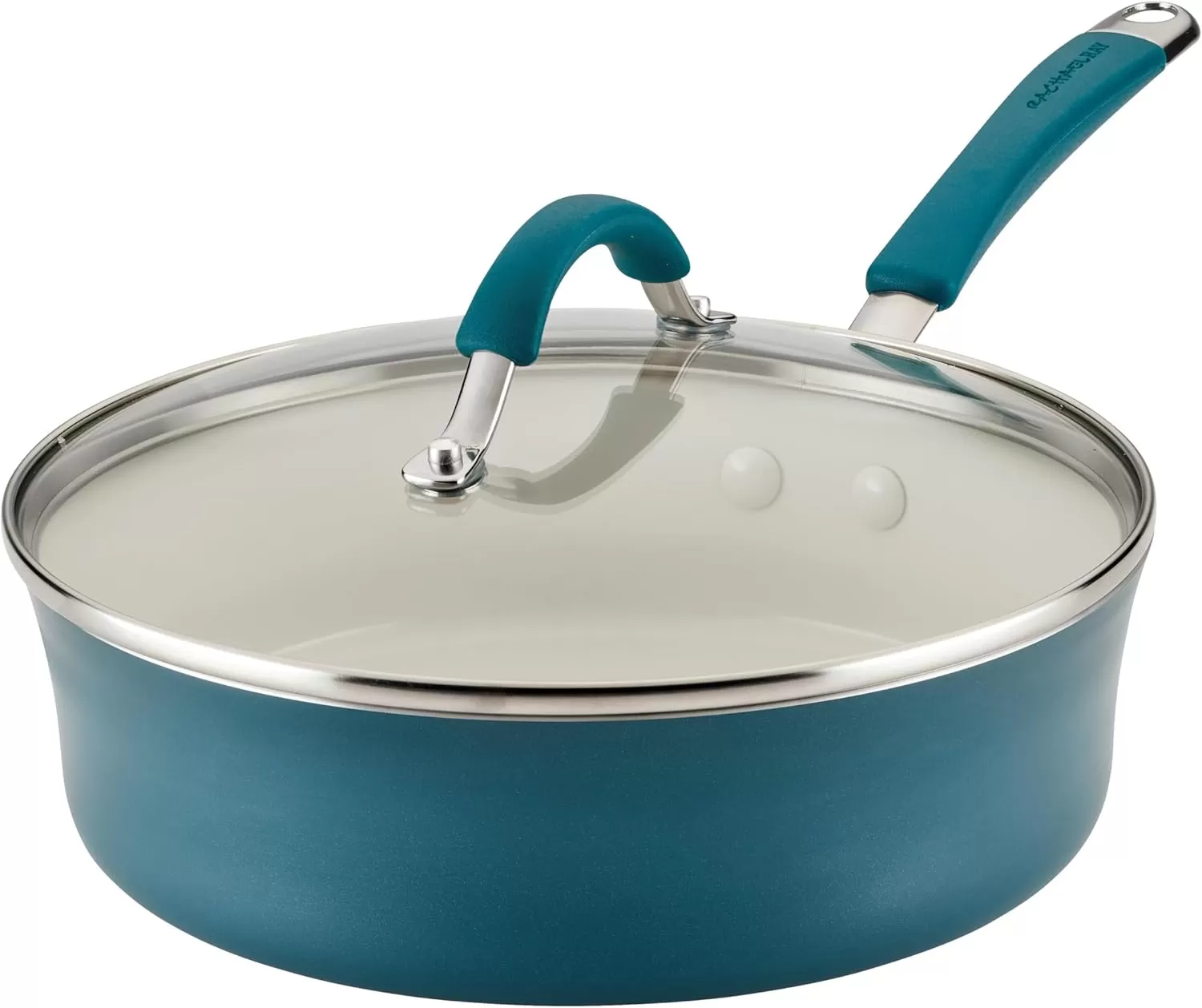 imageRachael Ray Cucina Ceramic Nonstick Saute Pan with Lid 3 Quart Non Stick Sauteuse Pan Dishwasher Safe  AlmondMarine Blue