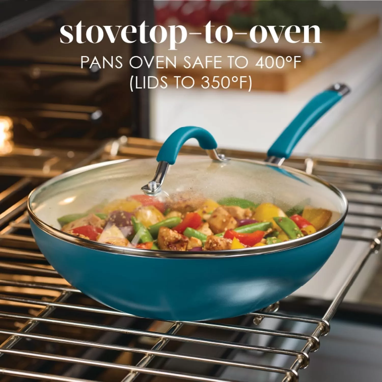 imageRachael Ray Cucina Ceramic Nonstick Saute Pan with Lid 3 Quart Non Stick Sauteuse Pan Dishwasher Safe  AlmondMarine Blue