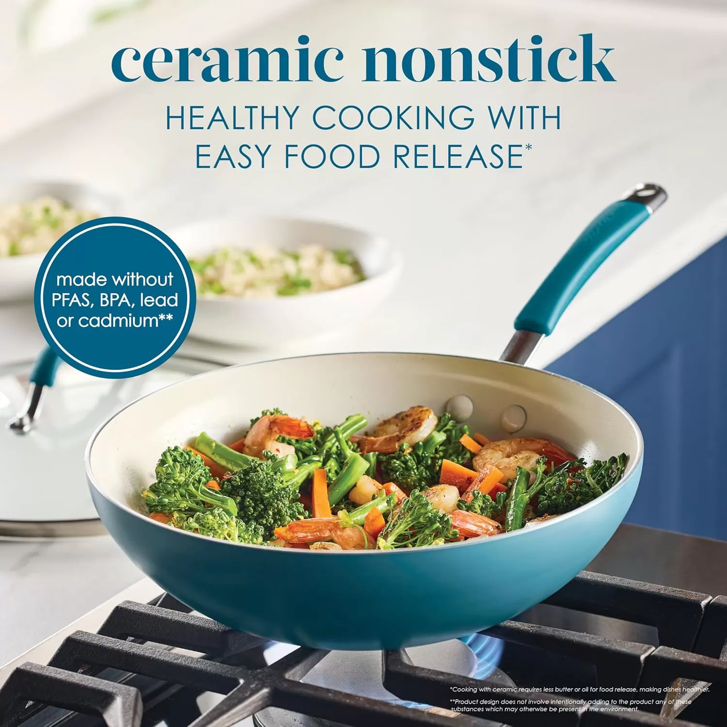 imageRachael Ray Cucina Ceramic Nonstick Saute Pan with Lid 3 Quart Non Stick Sauteuse Pan Dishwasher Safe  AlmondMarine Blue