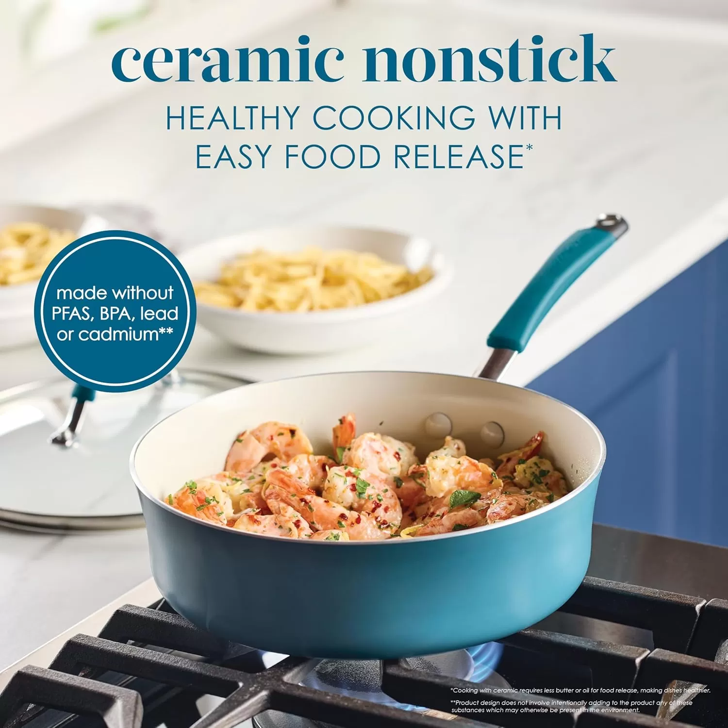 imageRachael Ray Cucina Ceramic Nonstick Saute Pan with Lid 3 Quart Non Stick Sauteuse Pan Dishwasher Safe  AlmondMarine Blue