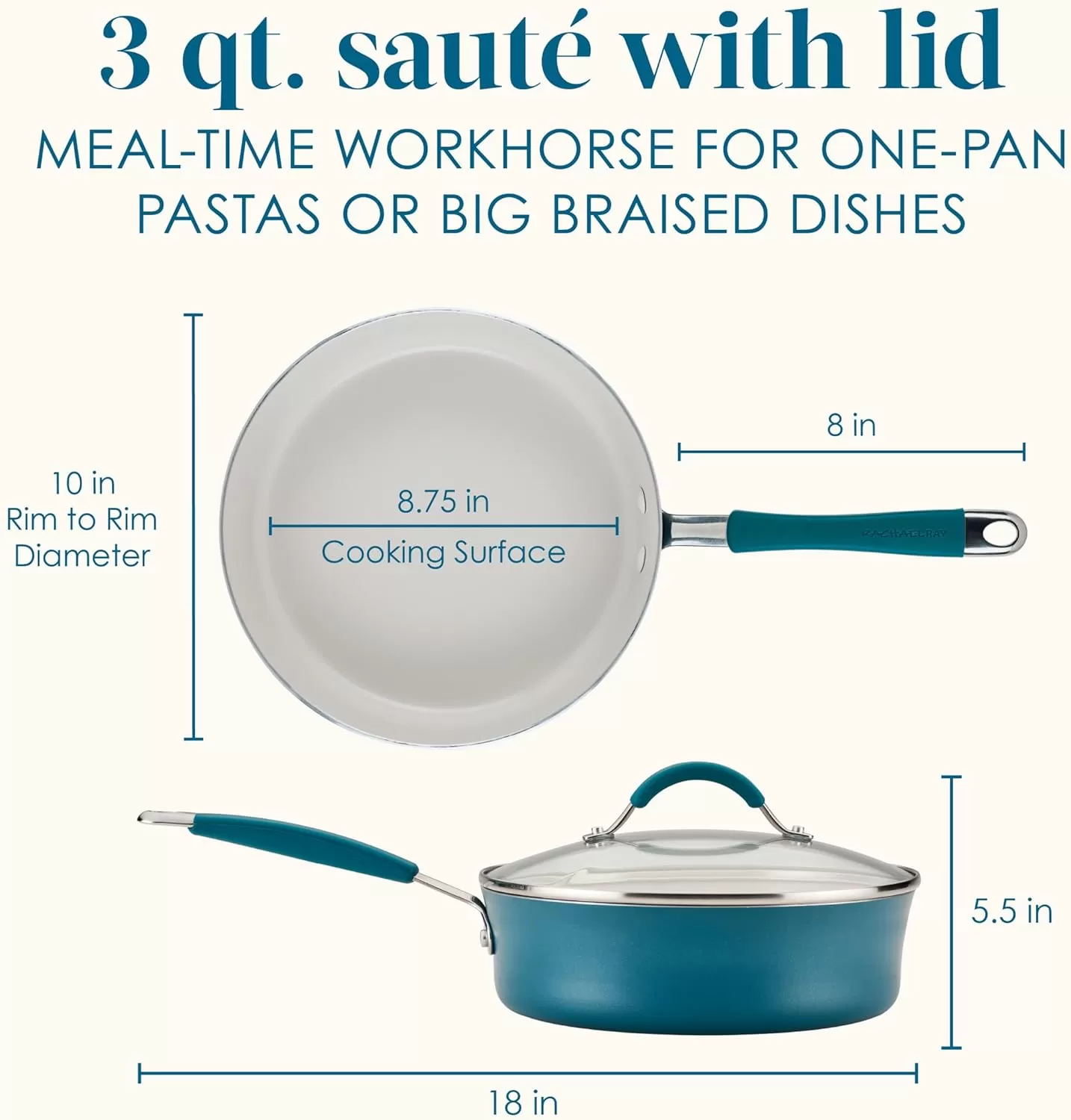 imageRachael Ray Cucina Ceramic Nonstick Saute Pan with Lid 3 Quart Non Stick Sauteuse Pan Dishwasher Safe  AlmondMarine Blue