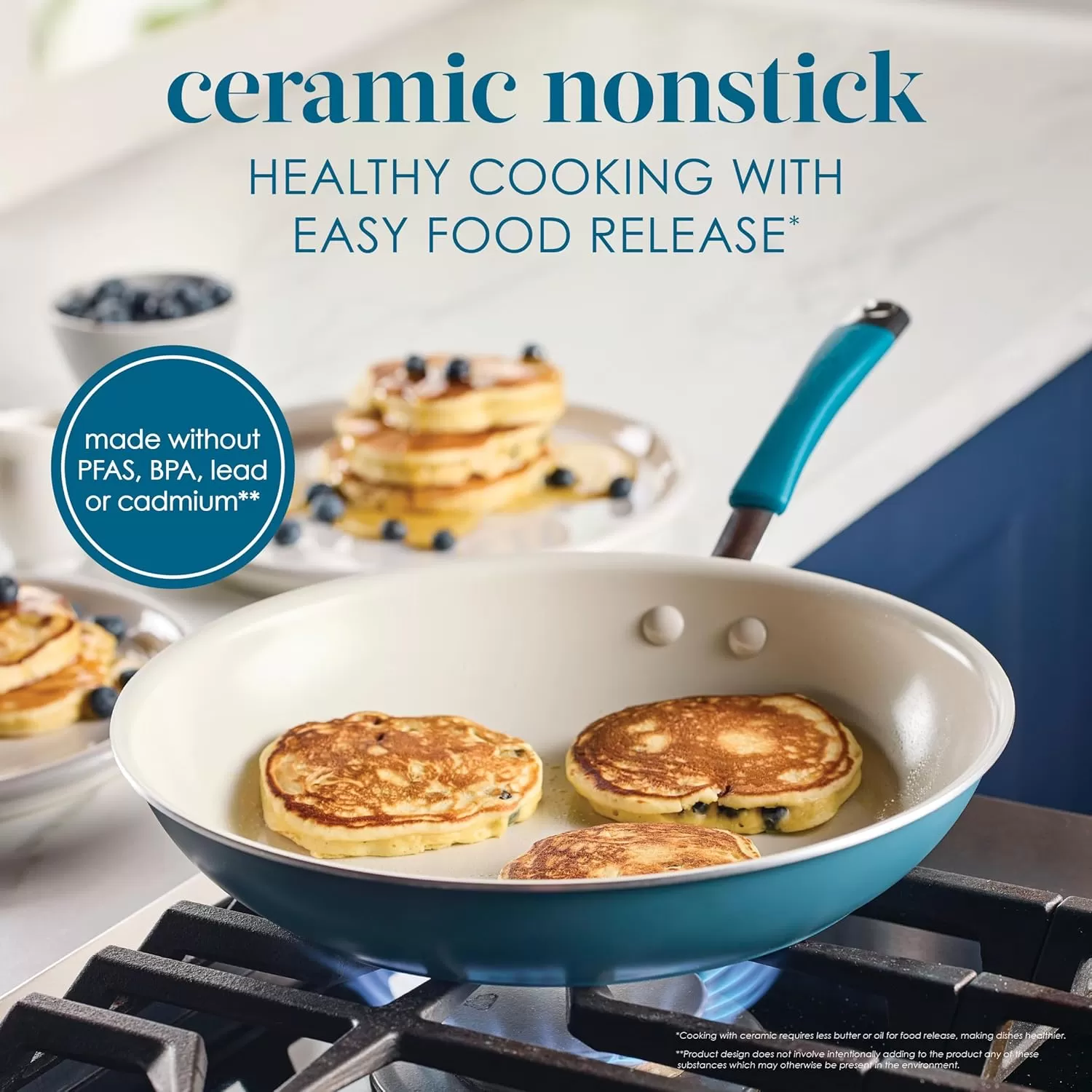 imageRachael Ray Cucina Ceramic Nonstick Saute Pan with Lid 3 Quart Non Stick Sauteuse Pan Dishwasher Safe  AlmondMarine Blue