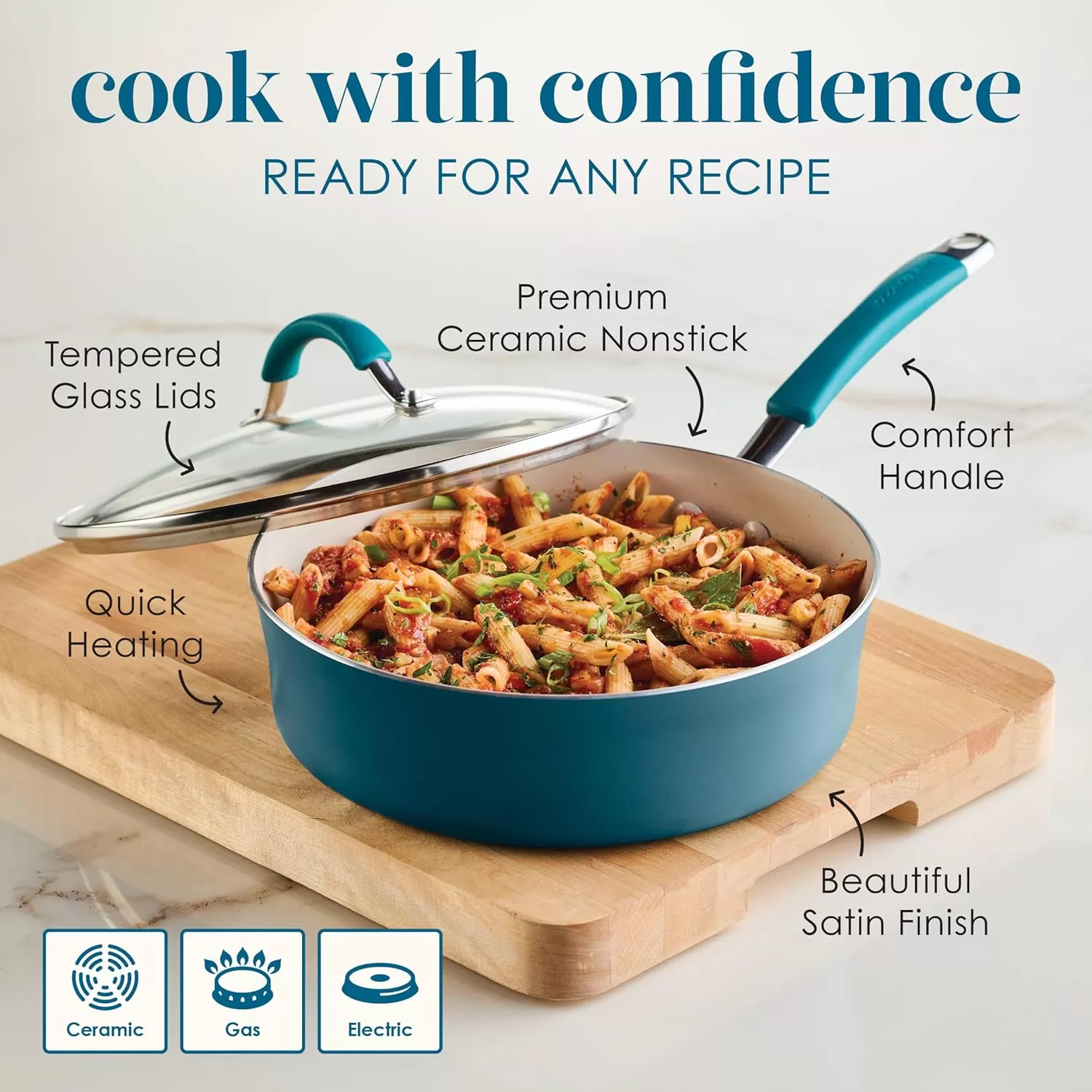 imageRachael Ray Cucina Ceramic Nonstick Saute Pan with Lid 3 Quart Non Stick Sauteuse Pan Dishwasher Safe  AlmondMarine Blue