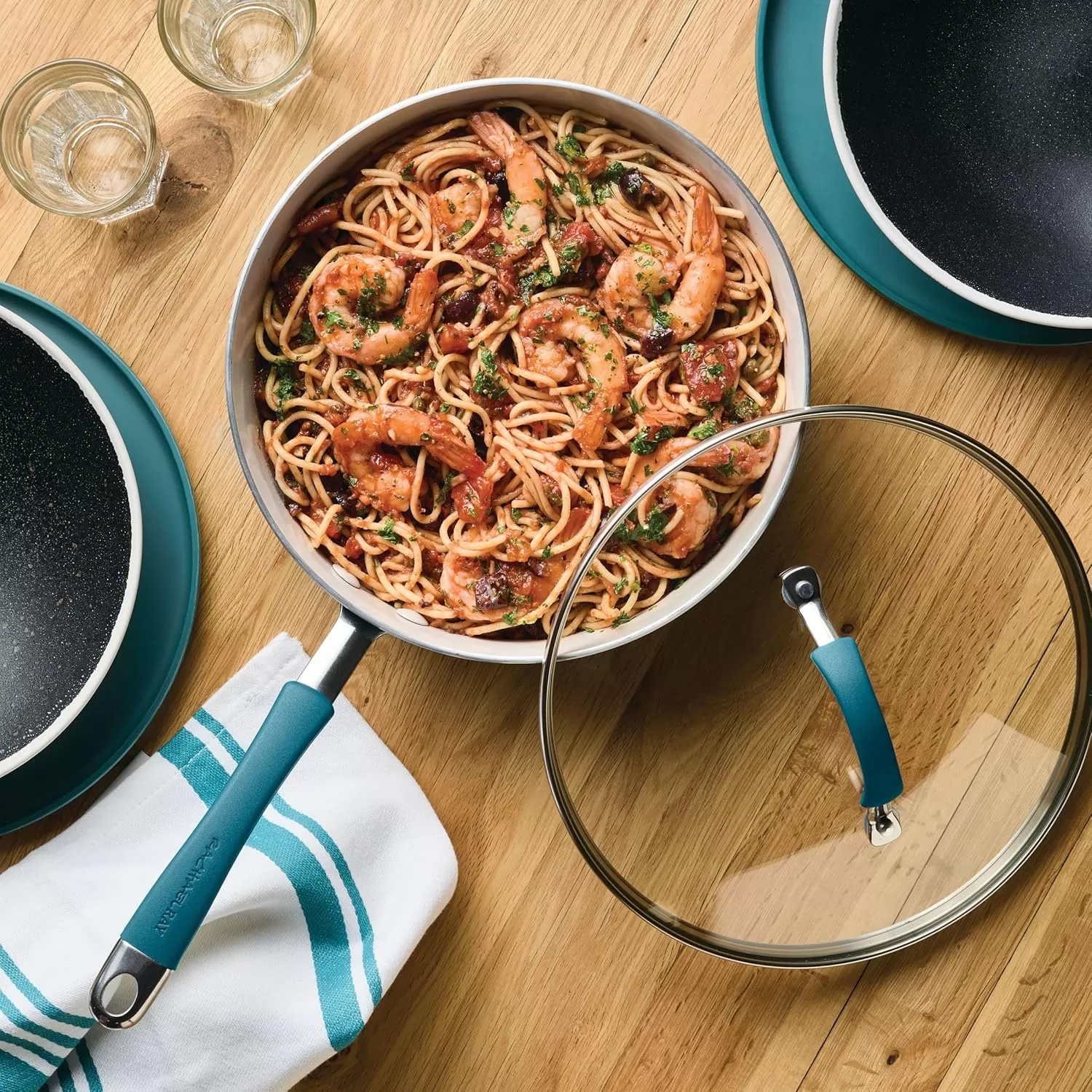 imageRachael Ray Cucina Ceramic Nonstick Saute Pan with Lid 3 Quart Non Stick Sauteuse Pan Dishwasher Safe  AlmondMarine Blue