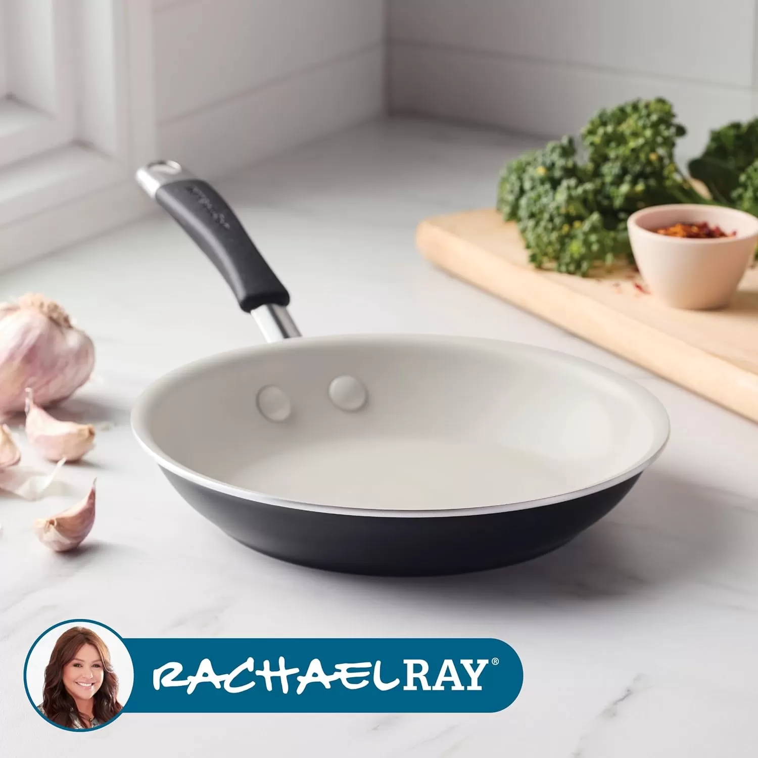 imageRachael Ray Cucina Ceramic Nonstick Saute Pan with Lid 3 Quart Non Stick Sauteuse Pan Dishwasher Safe  AlmondPeppercorn
