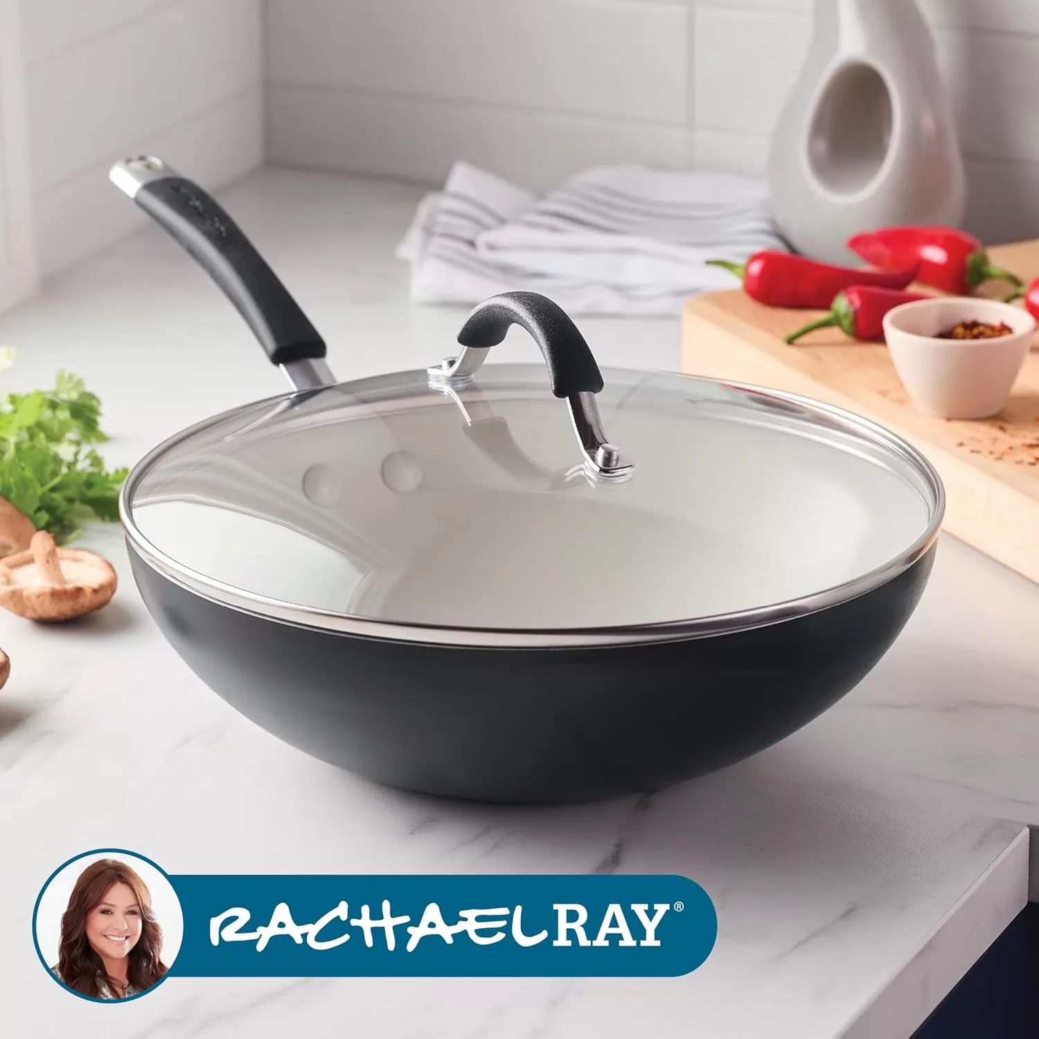 imageRachael Ray Cucina Ceramic Nonstick Saute Pan with Lid 3 Quart Non Stick Sauteuse Pan Dishwasher Safe  AlmondPeppercorn