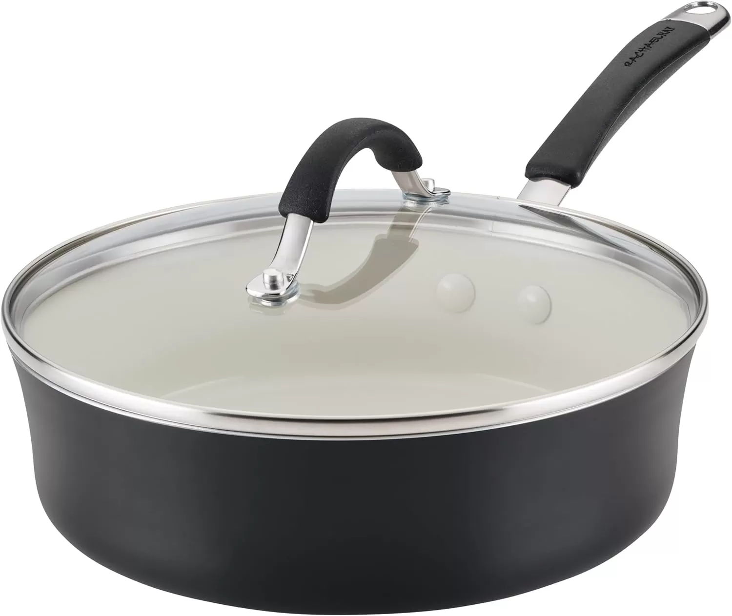 imageRachael Ray Cucina Ceramic Nonstick Saute Pan with Lid 3 Quart Non Stick Sauteuse Pan Dishwasher Safe  AlmondPeppercorn