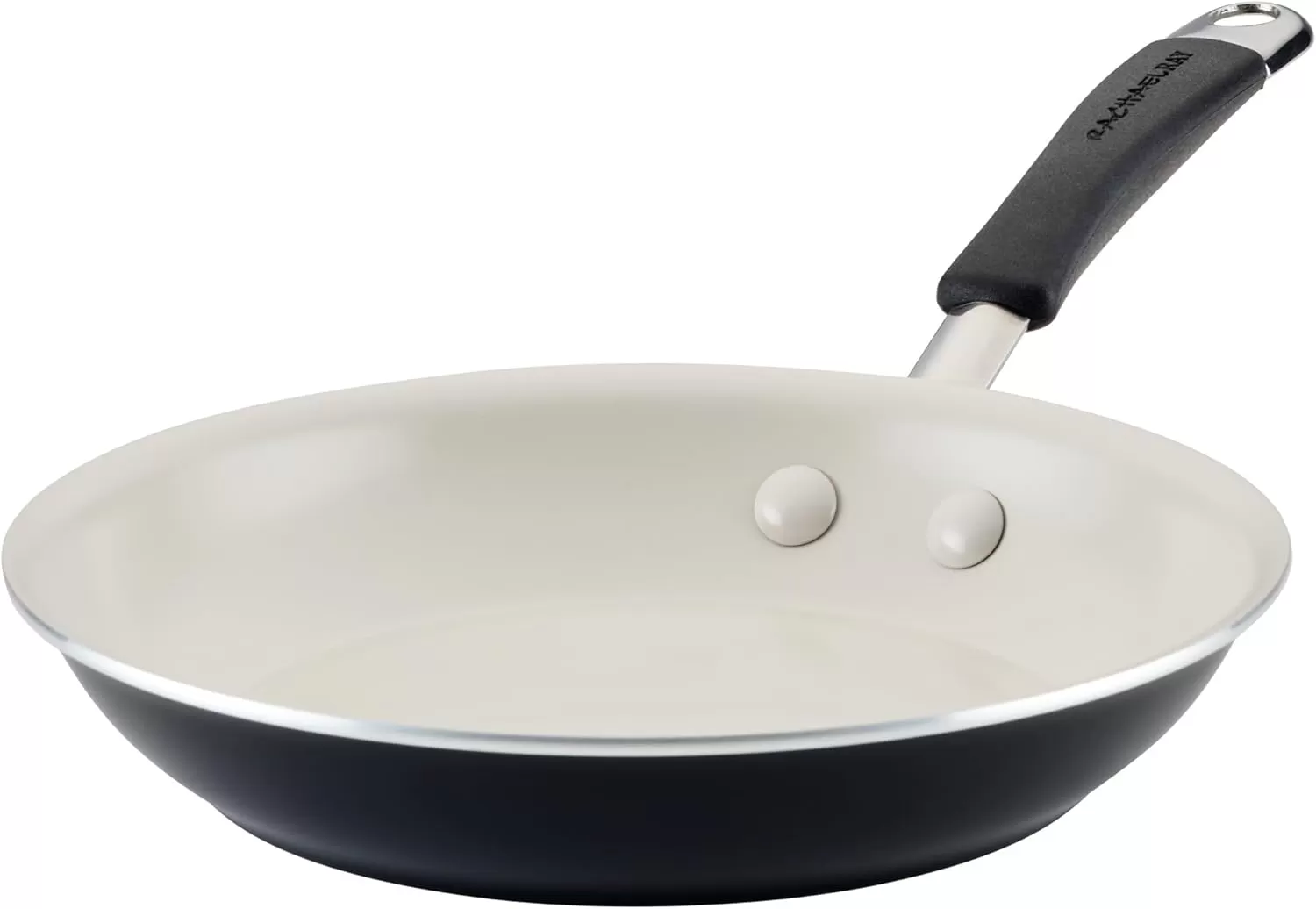 imageRachael Ray Cucina Ceramic Nonstick Saute Pan with Lid 3 Quart Non Stick Sauteuse Pan Dishwasher Safe  AlmondPeppercorn
