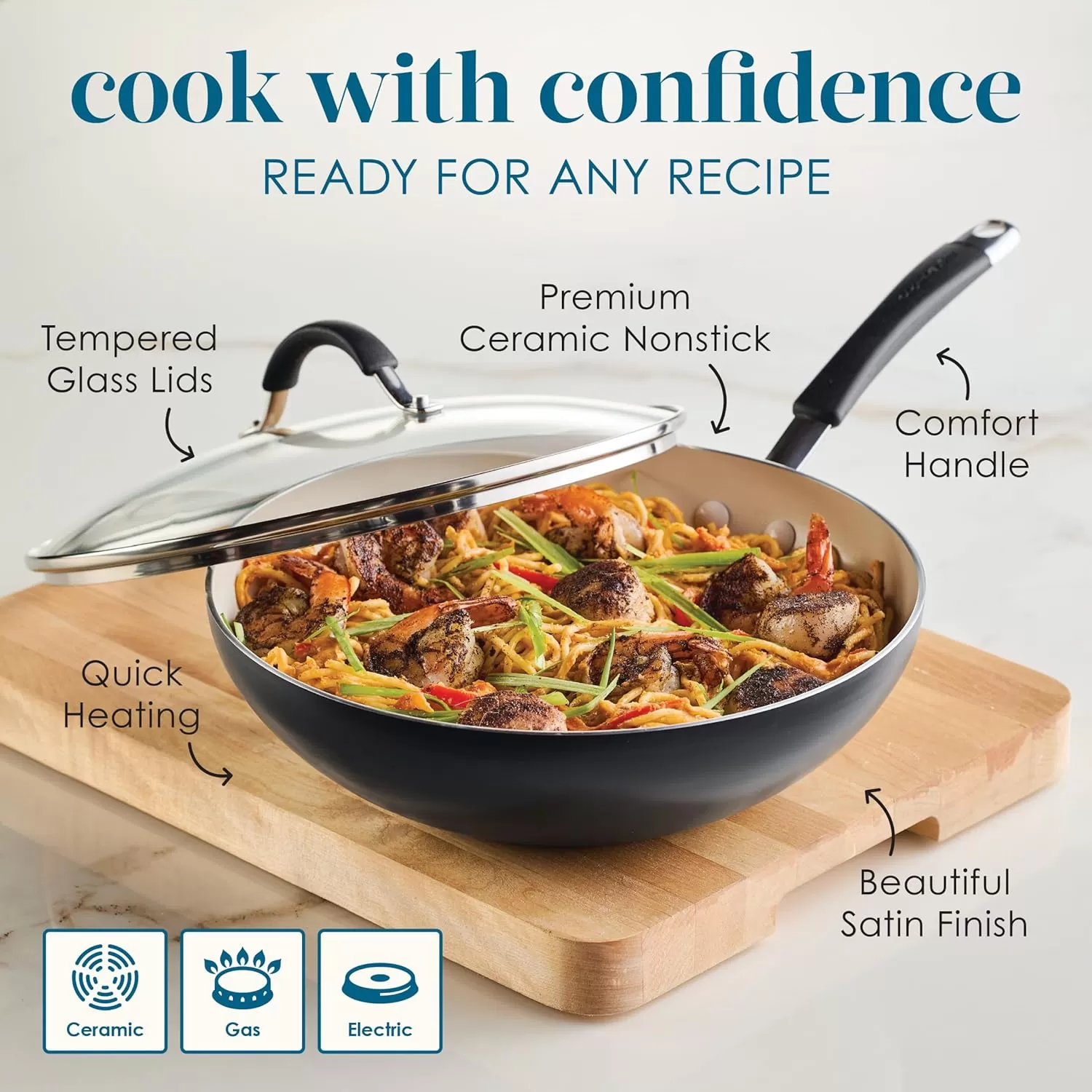 imageRachael Ray Cucina Ceramic Nonstick Saute Pan with Lid 3 Quart Non Stick Sauteuse Pan Dishwasher Safe  AlmondPeppercorn