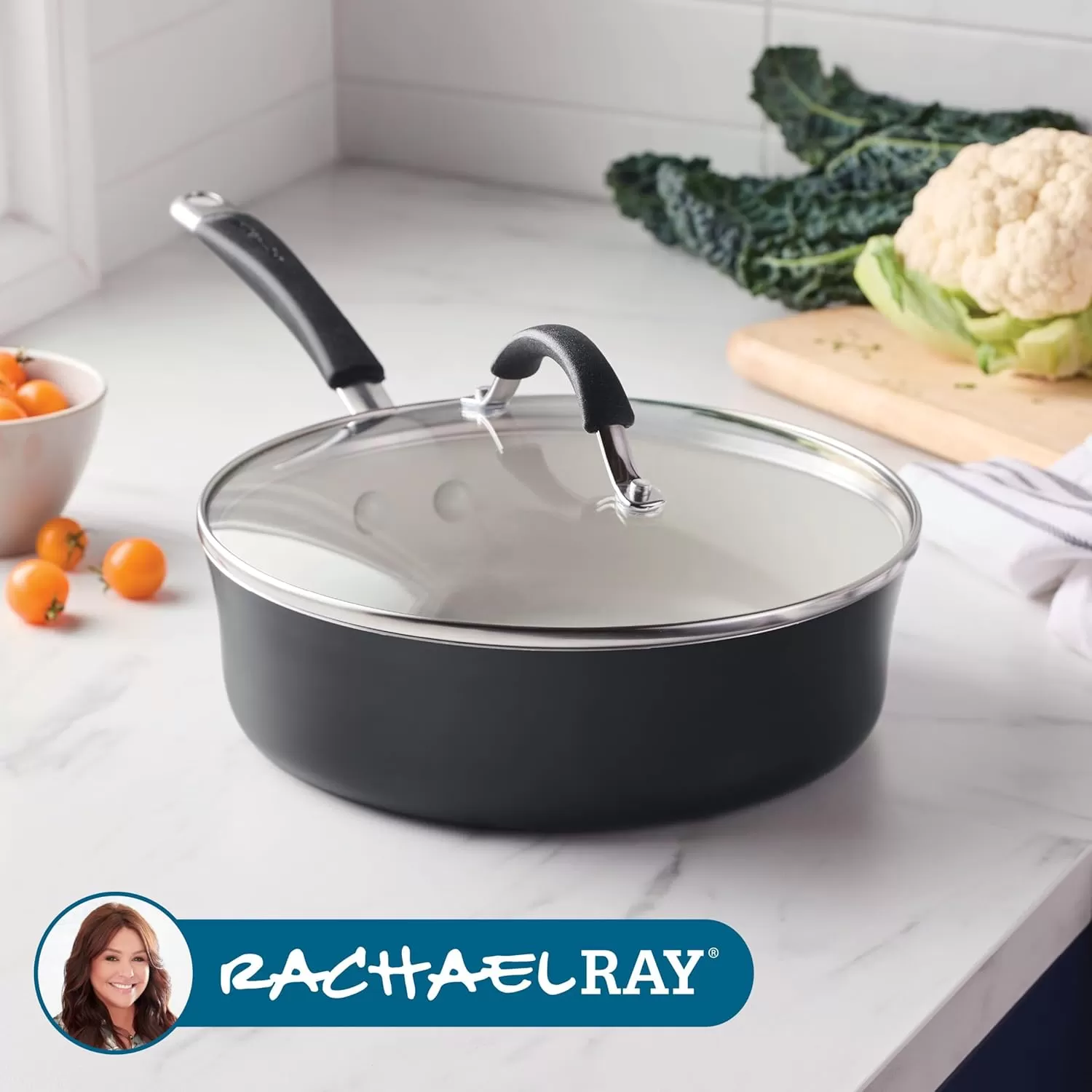 imageRachael Ray Cucina Ceramic Nonstick Saute Pan with Lid 3 Quart Non Stick Sauteuse Pan Dishwasher Safe  AlmondPeppercorn