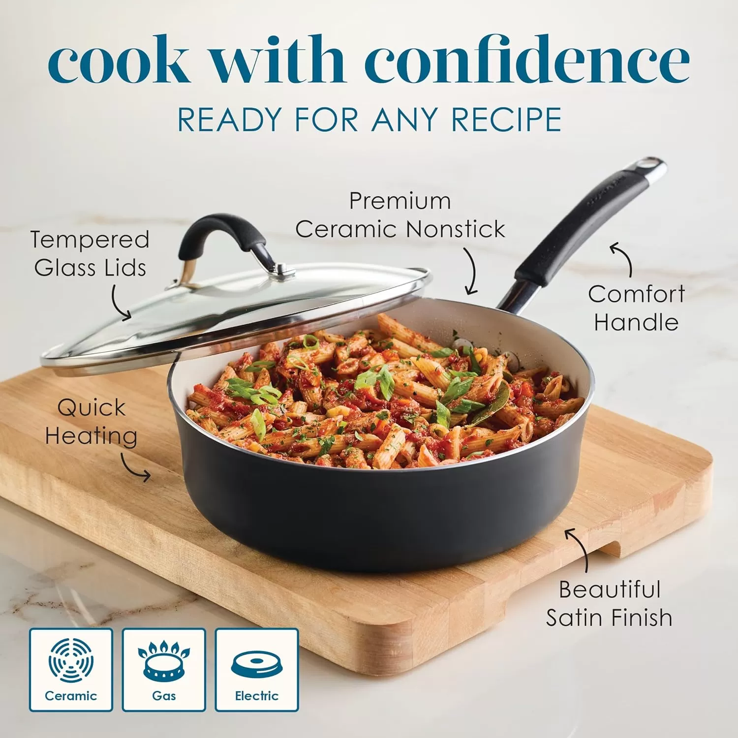 imageRachael Ray Cucina Ceramic Nonstick Saute Pan with Lid 3 Quart Non Stick Sauteuse Pan Dishwasher Safe  AlmondPeppercorn