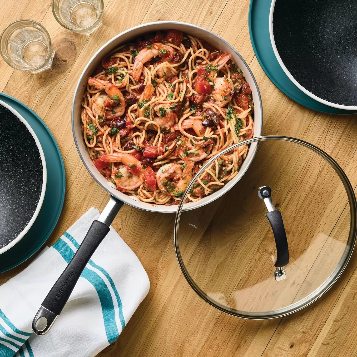 imageRachael Ray Cucina Ceramic Nonstick Saute Pan with Lid 3 Quart Non Stick Sauteuse Pan Dishwasher Safe  AlmondPeppercorn