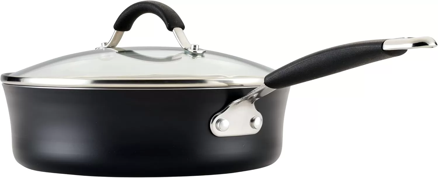 imageRachael Ray Cucina Ceramic Nonstick Saute Pan with Lid 3 Quart Non Stick Sauteuse Pan Dishwasher Safe  AlmondPeppercorn
