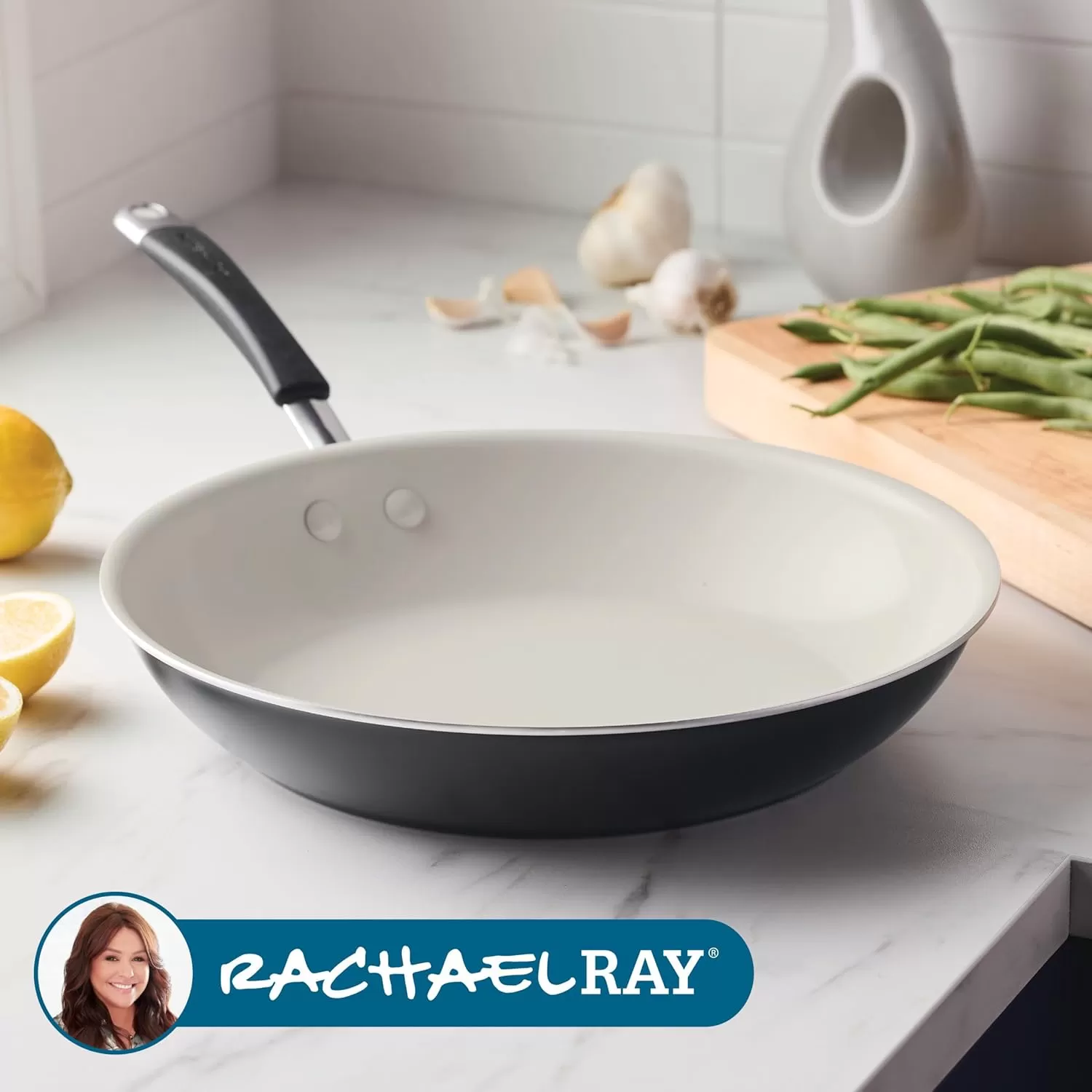 imageRachael Ray Cucina Ceramic Nonstick Saute Pan with Lid 3 Quart Non Stick Sauteuse Pan Dishwasher Safe  AlmondPeppercorn