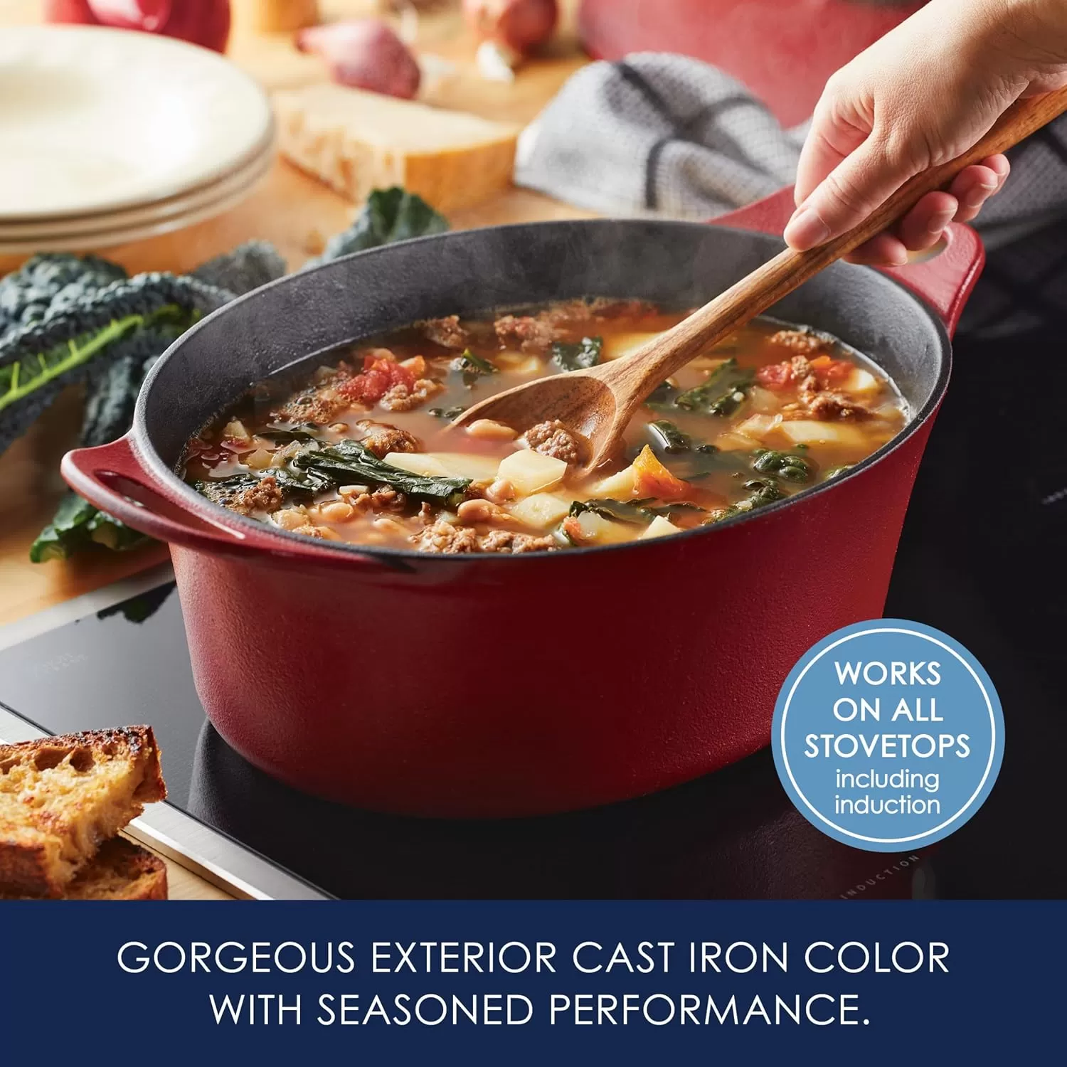 imageRachael Ray NITRO Cast Iron Dutch Oven 65 Quart Agave BlueRed