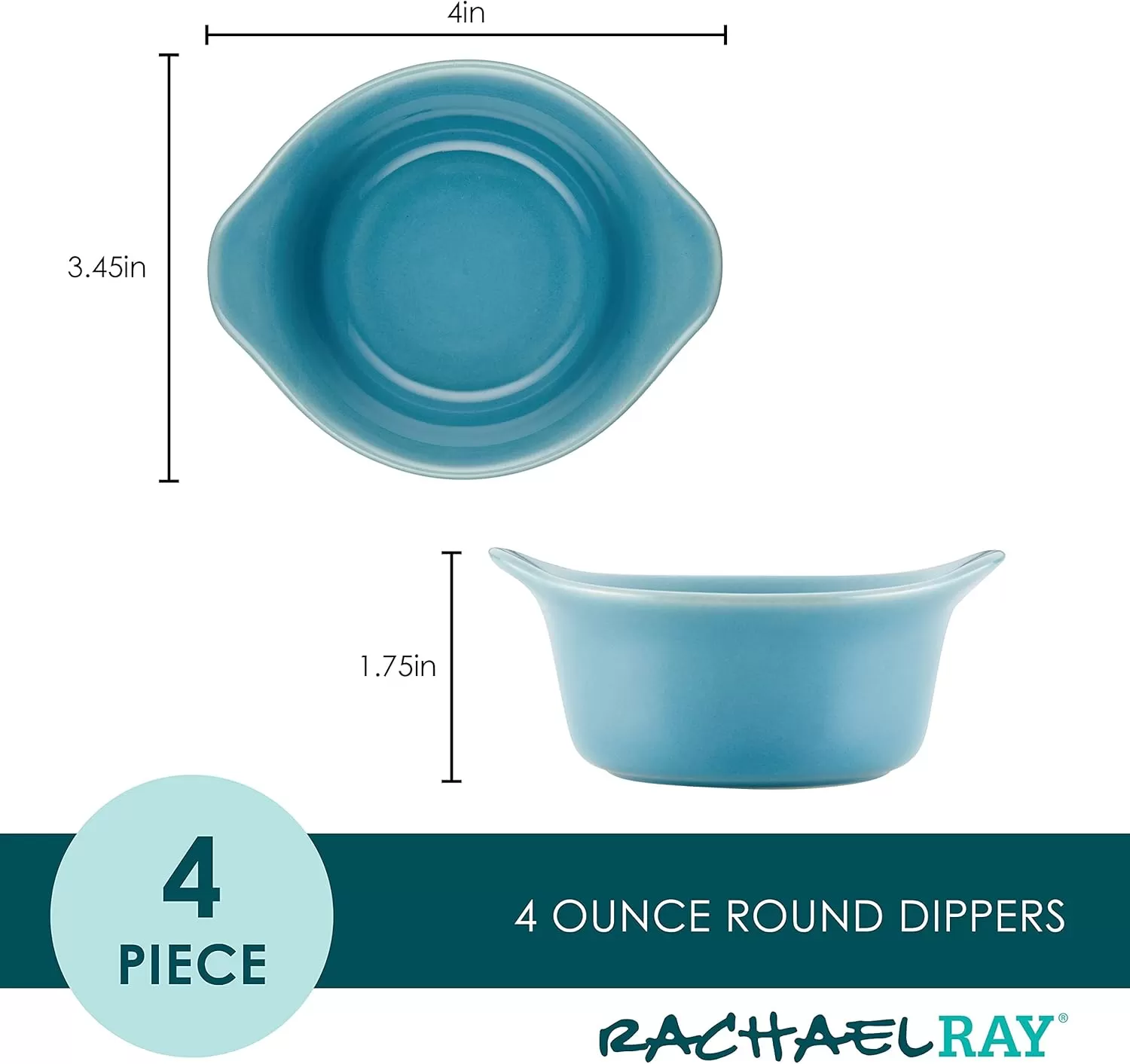 imageRachael Ray Solid Glaze Ceramics Round RamekinsDipping Cup Set 4 Piece Agave BlueAgave Blue