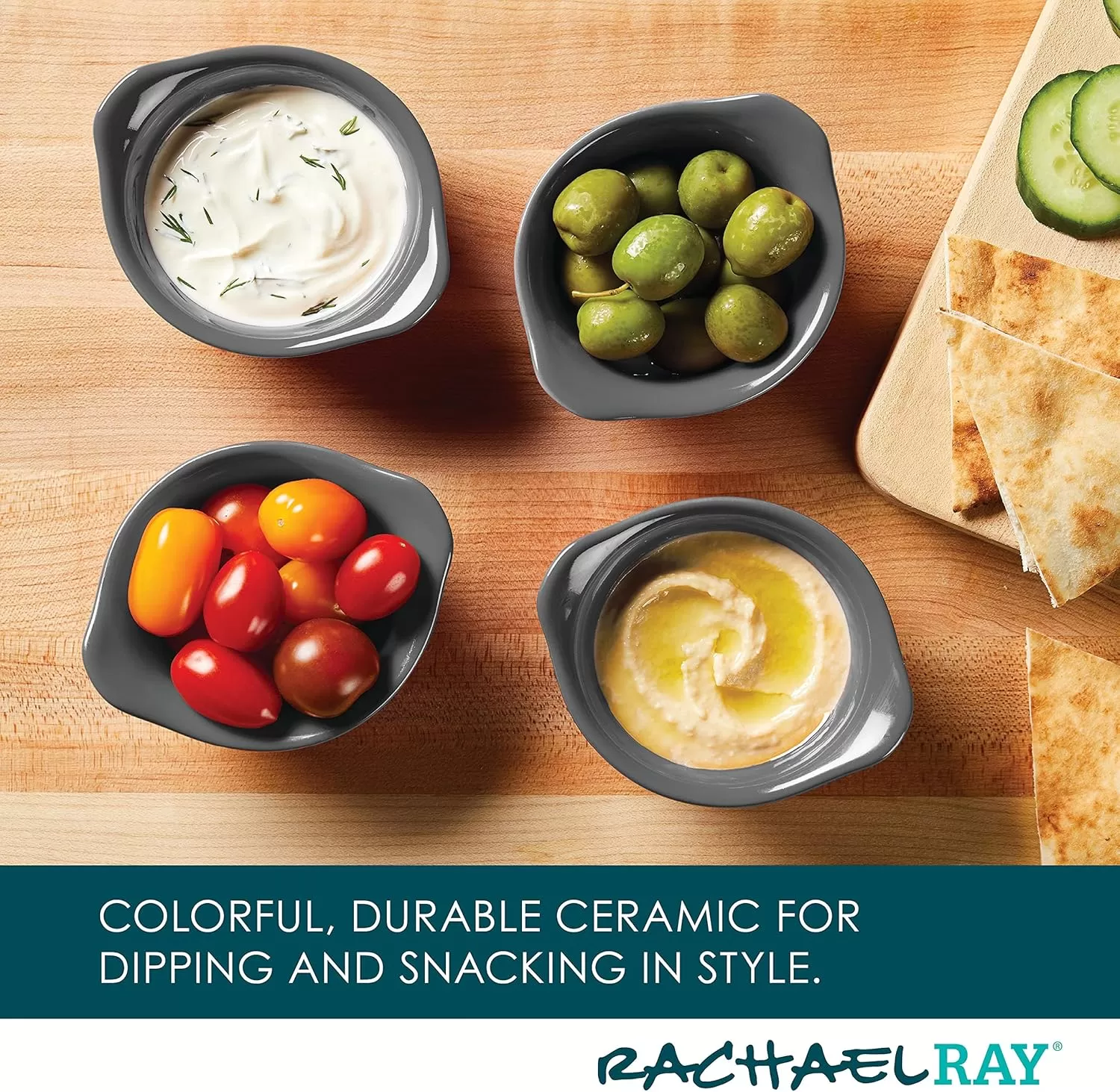 imageRachael Ray Solid Glaze Ceramics Round RamekinsDipping Cup Set 4 Piece Agave BlueGray