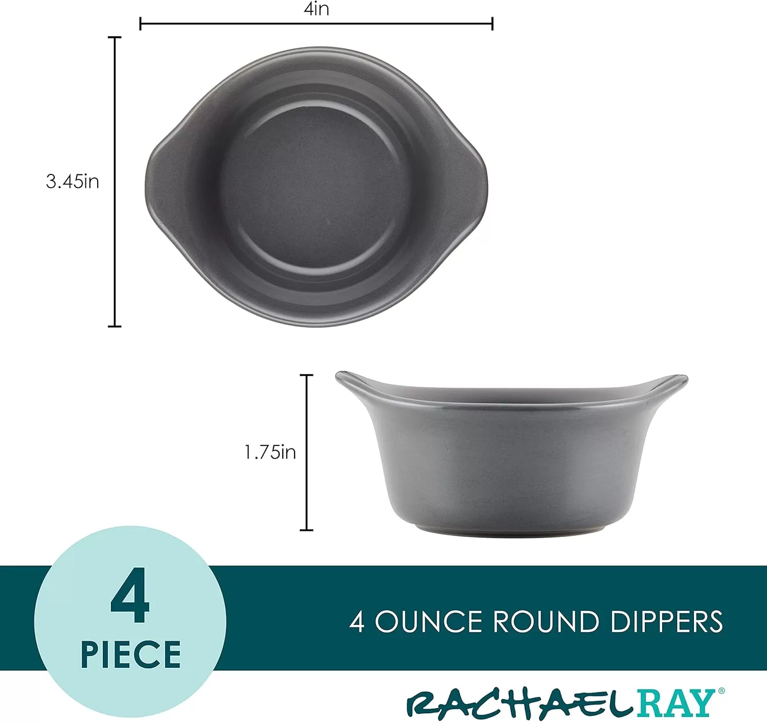 imageRachael Ray Solid Glaze Ceramics Round RamekinsDipping Cup Set 4 Piece Agave BlueGray