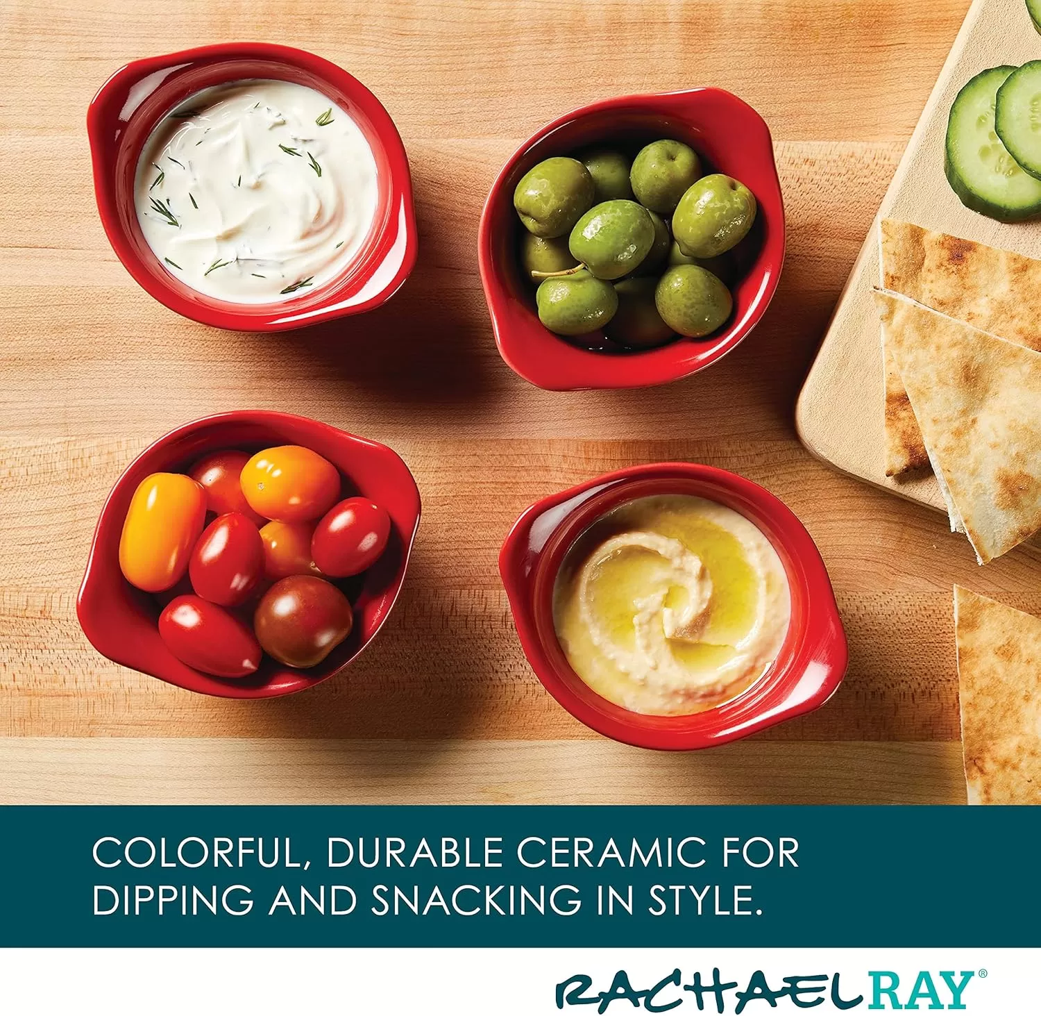 imageRachael Ray Solid Glaze Ceramics Round RamekinsDipping Cup Set 4 Piece Agave BlueRed
