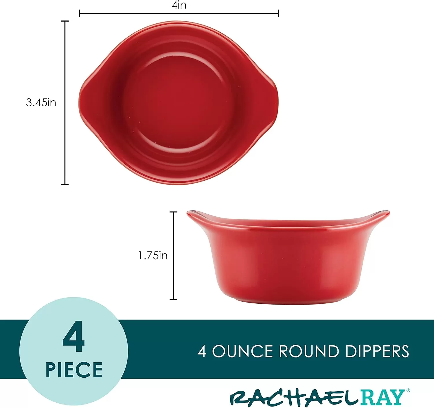 imageRachael Ray Solid Glaze Ceramics Round RamekinsDipping Cup Set 4 Piece Agave BlueRed