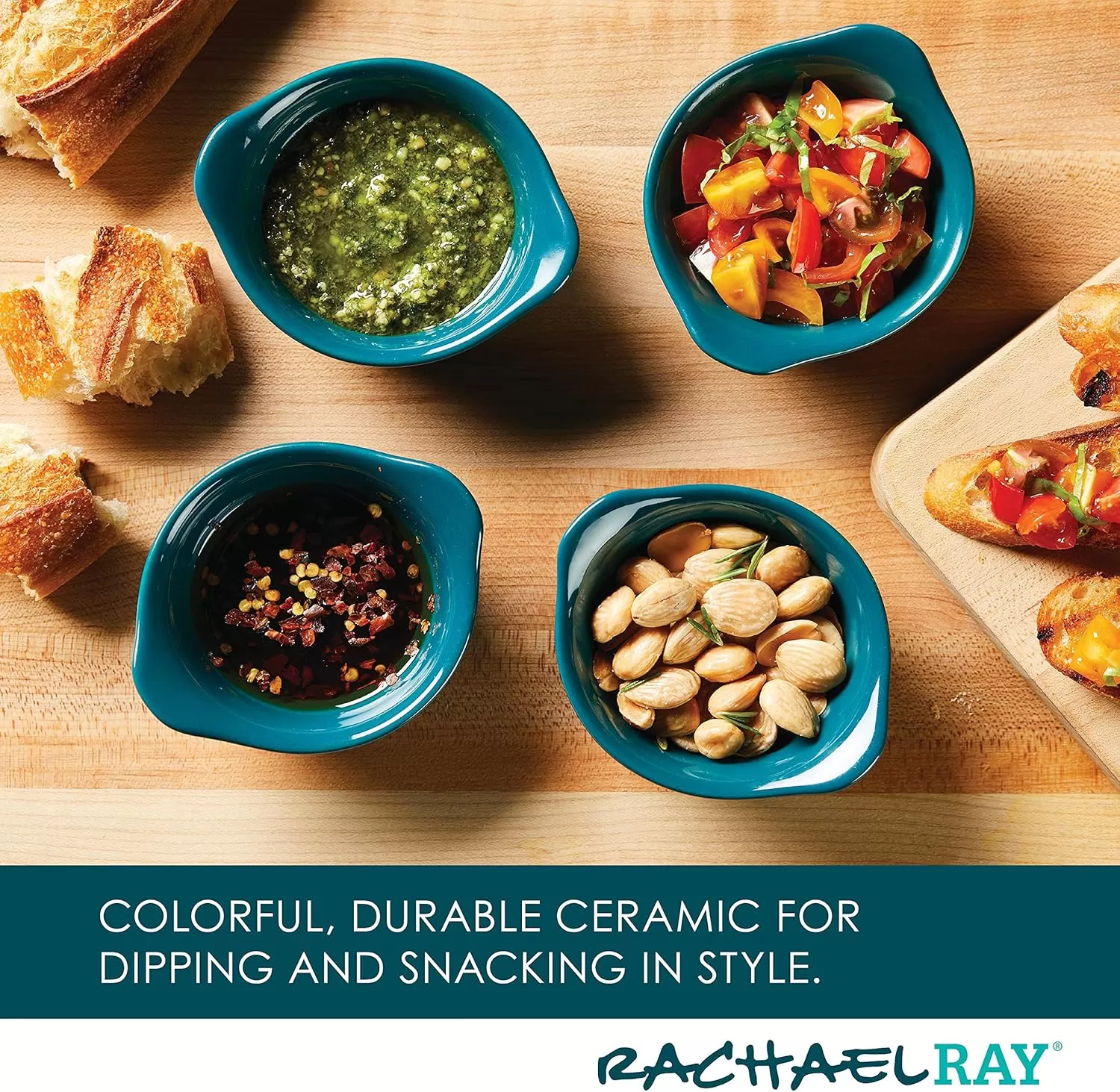 imageRachael Ray Solid Glaze Ceramics Round RamekinsDipping Cup Set 4 Piece Agave BlueTeal