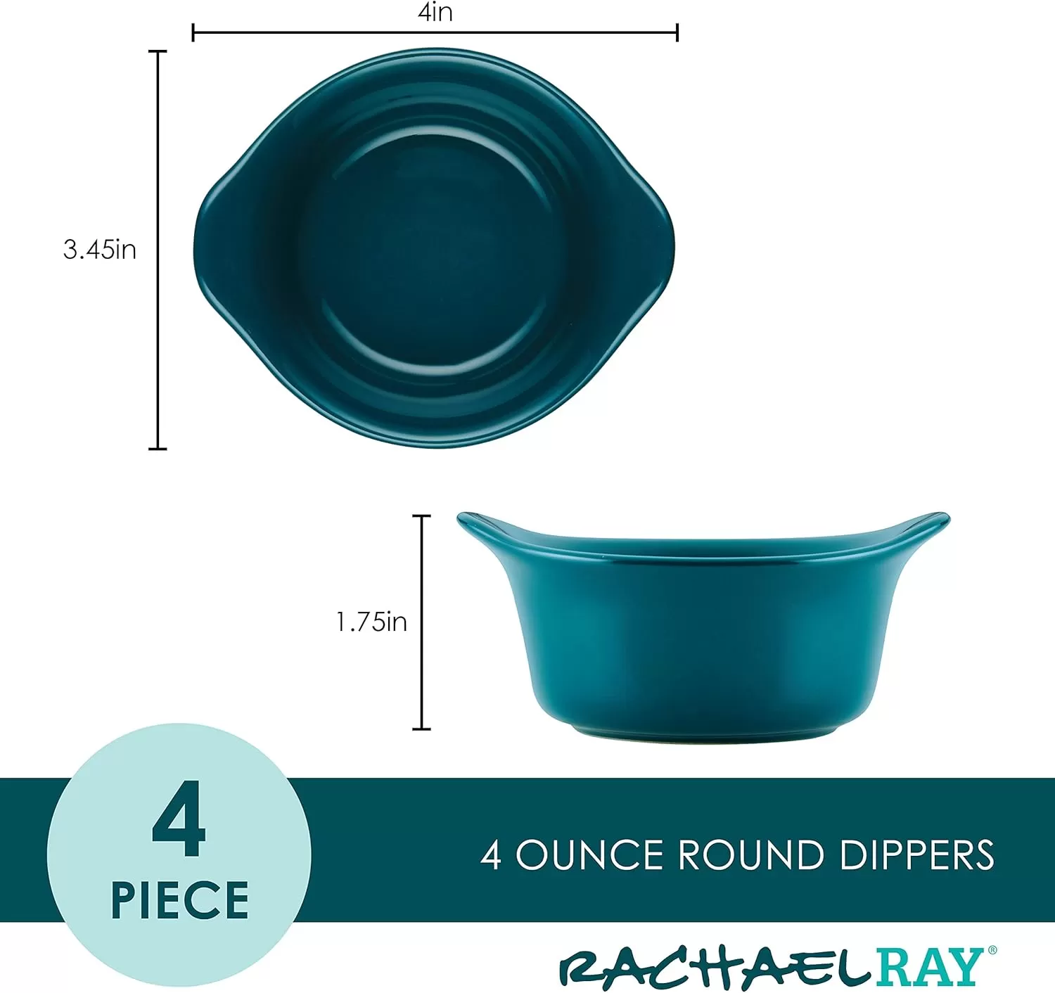 imageRachael Ray Solid Glaze Ceramics Round RamekinsDipping Cup Set 4 Piece Agave BlueTeal