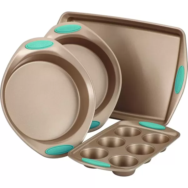 imageRachael Ray Cucina Bakeware Set Includes Nonstick Bread Baking Cookie Sheet and Cake Pans 5 Piece Latte Brown with Agave Blue GripsLatte Brown with Agave Blue Grips