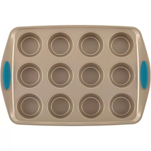 imageRachael Ray Cucina Bakeware Set Includes Nonstick Bread Baking Cookie Sheet and Cake Pans 5 Piece Latte Brown with Agave Blue GripsLatte Brown with Agave Blue Grips