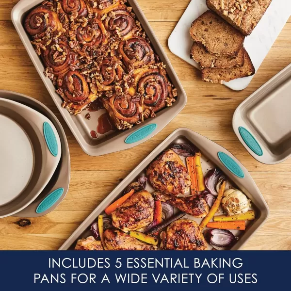 imageRachael Ray Cucina Bakeware Set Includes Nonstick Bread Baking Cookie Sheet and Cake Pans 5 Piece Latte Brown with Agave Blue GripsLatte Brown with Agave Blue Grips