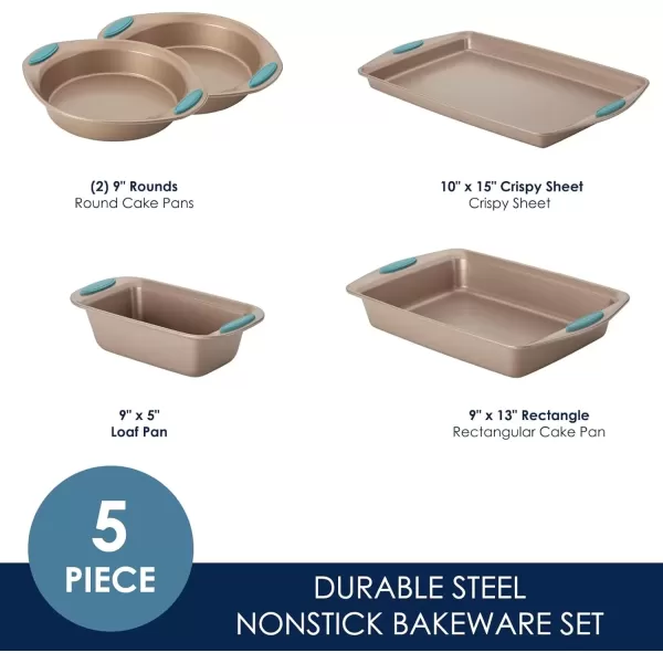 imageRachael Ray Cucina Bakeware Set Includes Nonstick Bread Baking Cookie Sheet and Cake Pans 5 Piece Latte Brown with Agave Blue GripsLatte Brown with Agave Blue Grips