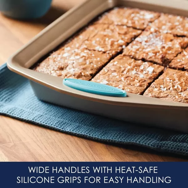 imageRachael Ray Cucina Bakeware Set Includes Nonstick Bread Baking Cookie Sheet and Cake Pans 5 Piece Latte Brown with Agave Blue GripsLatte Brown with Agave Blue Grips
