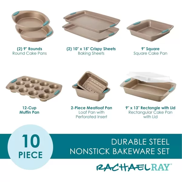 imageRachael Ray Cucina Bakeware Set Includes Nonstick Bread Baking Cookie Sheet and Cake Pans 5 Piece Latte Brown with Agave Blue GripsLatte Brown with Agave Blue Grips