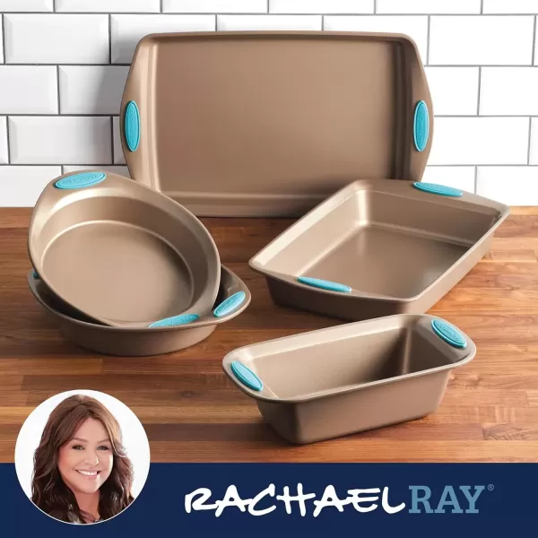 imageRachael Ray Cucina Bakeware Set Includes Nonstick Bread Baking Cookie Sheet and Cake Pans 5 Piece Latte Brown with Agave Blue GripsLatte Brown with Agave Blue Grips