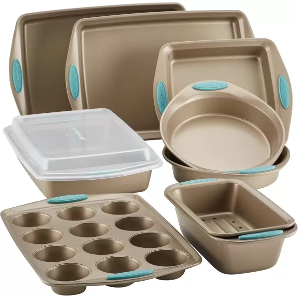 imageRachael Ray Cucina Bakeware Set Includes Nonstick Bread Baking Cookie Sheet and Cake Pans 5 Piece Latte Brown with Agave Blue GripsLatte Brown with Agave Blue Grips