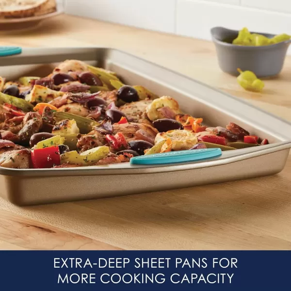 imageRachael Ray Cucina Bakeware Set Includes Nonstick Bread Baking Cookie Sheet and Cake Pans 5 Piece Latte Brown with Agave Blue GripsLatte Brown with Agave Blue Grips