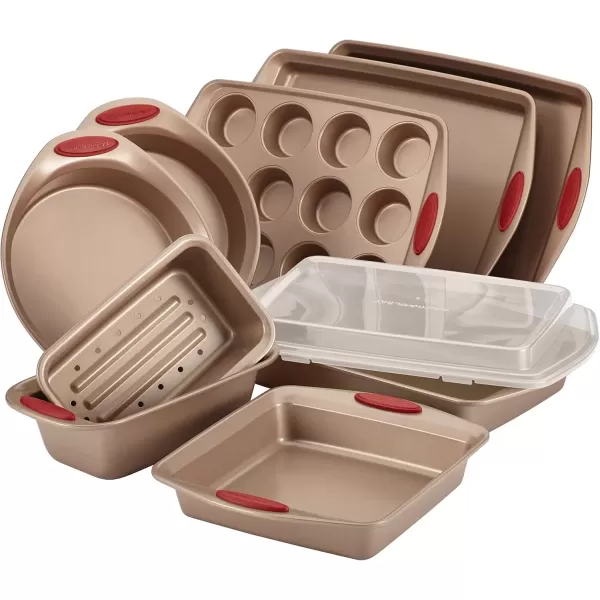 imageRachael Ray Cucina Bakeware Set Includes Nonstick Bread Baking Cookie Sheet and Cake Pans 5 Piece Latte Brown with Agave Blue GripsLatte Brown with Cranberry Red Grips