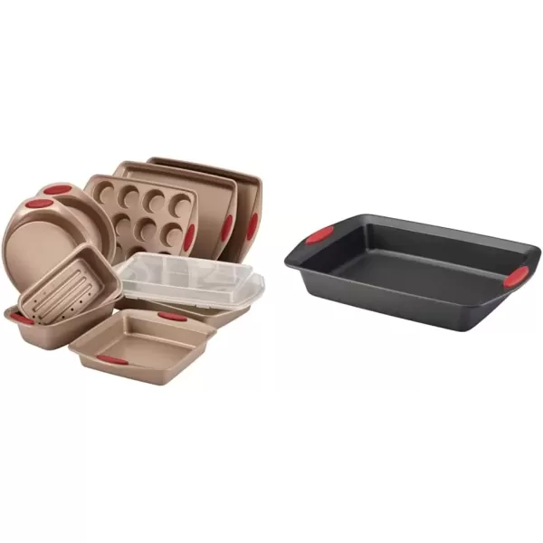 imageRachael Ray Cucina Bakeware Set Includes Nonstick Bread Baking Cookie Sheet and Cake Pans 5 Piece Latte Brown with Agave Blue GripsLatte Brown with Cranberry Red Grips