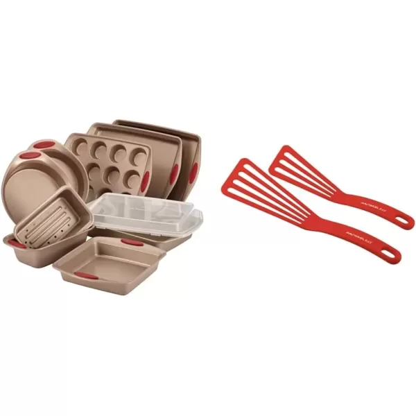 imageRachael Ray Cucina Bakeware Set Includes Nonstick Bread Baking Cookie Sheet and Cake Pans 5 Piece Latte Brown with Agave Blue GripsLatte Brown with Cranberry Red Grips