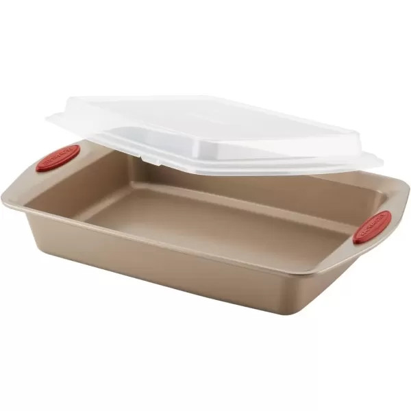 imageRachael Ray Cucina Bakeware Set Includes Nonstick Bread Baking Cookie Sheet and Cake Pans 5 Piece Latte Brown with Agave Blue GripsLatte Brown with Cranberry Red Grips