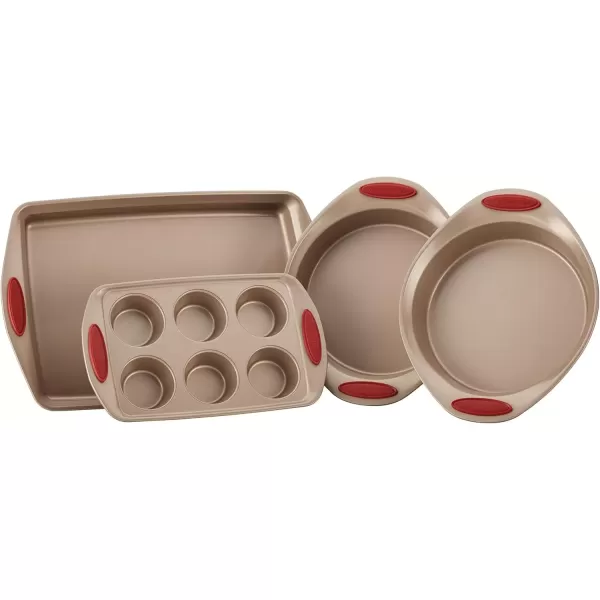 imageRachael Ray Cucina Bakeware Set Includes Nonstick Bread Baking Cookie Sheet and Cake Pans 5 Piece Latte Brown with Agave Blue GripsLatte Brown with Cranberry Red Grips