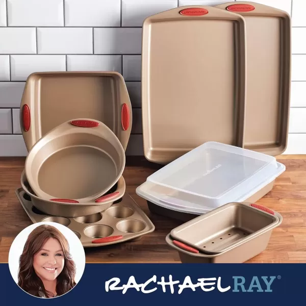 imageRachael Ray Cucina Bakeware Set Includes Nonstick Bread Baking Cookie Sheet and Cake Pans 5 Piece Latte Brown with Agave Blue GripsLatte Brown with Cranberry Red Grips
